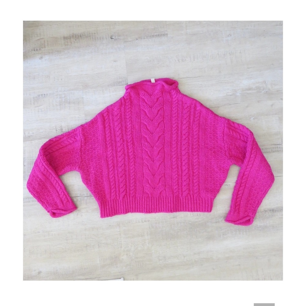 Anthropologie Pilcro Pink Cable Knit Mock Neck Cropped Sweater XS stretch blouse